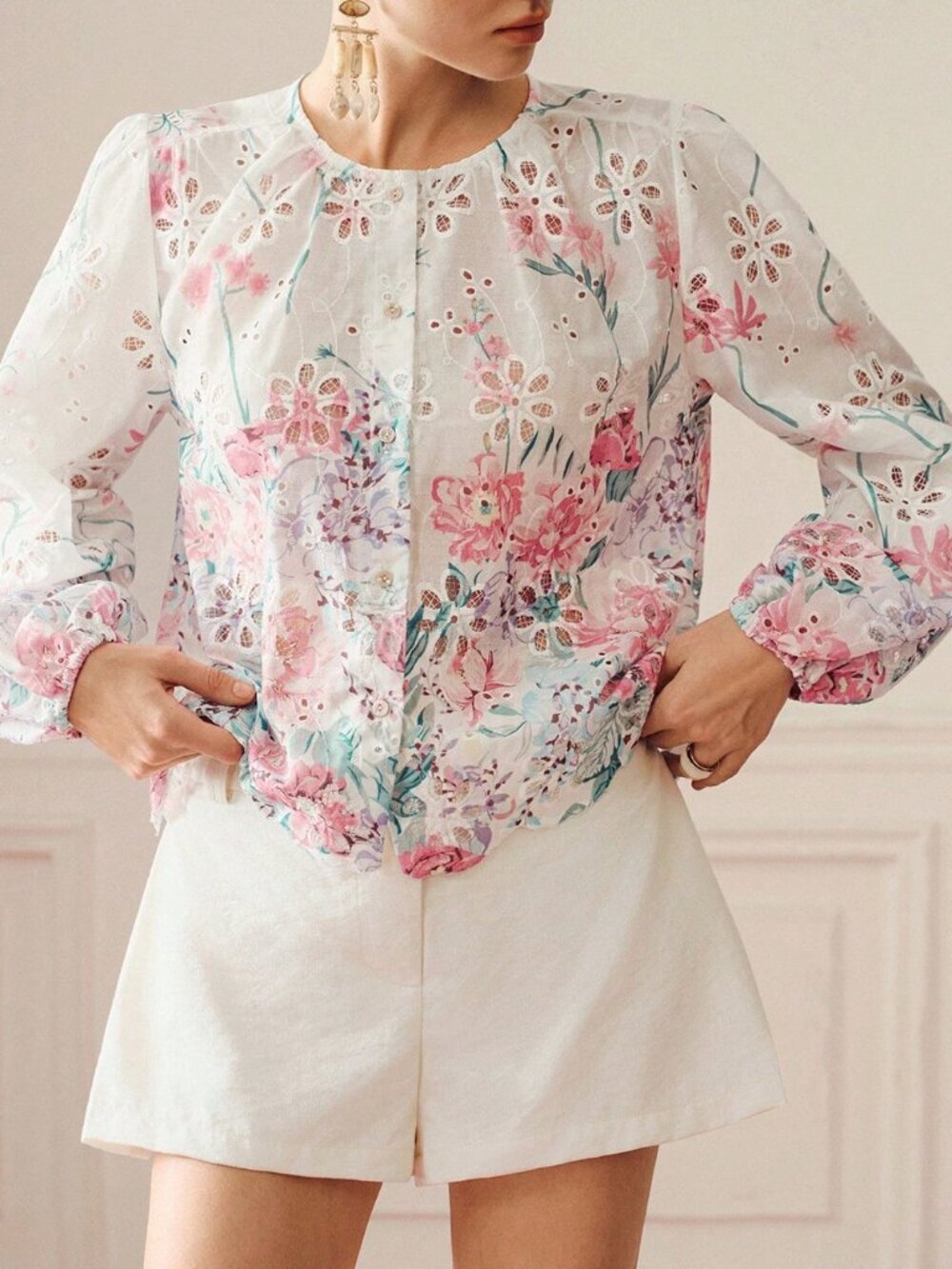 Multicolor Boho Women's Embroidered Patchwork Long Sleeve Button-Up Shirt - Picture 3 of 7